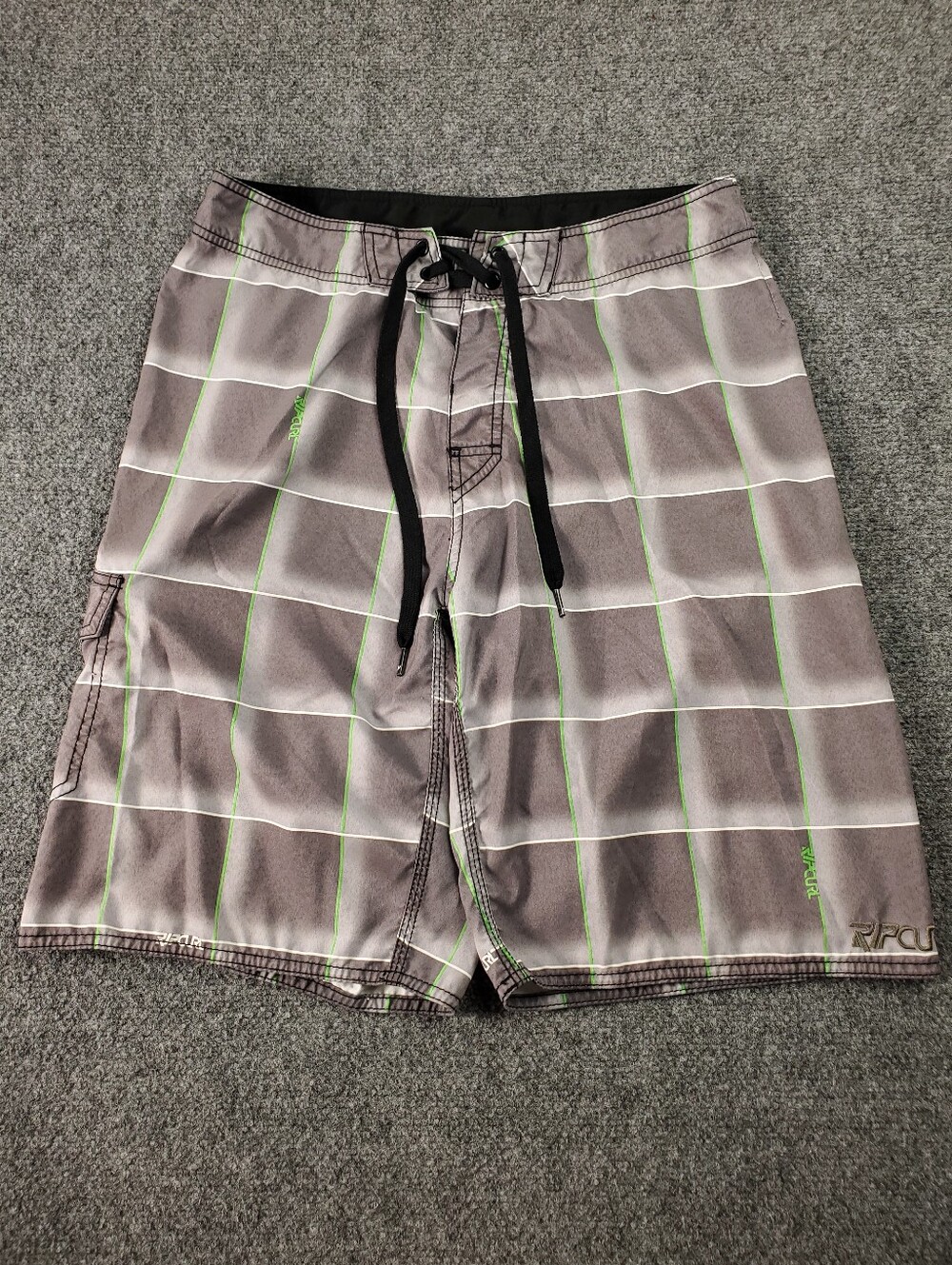 Rip Curl Gray Plaid Board Shorts with Green Accents